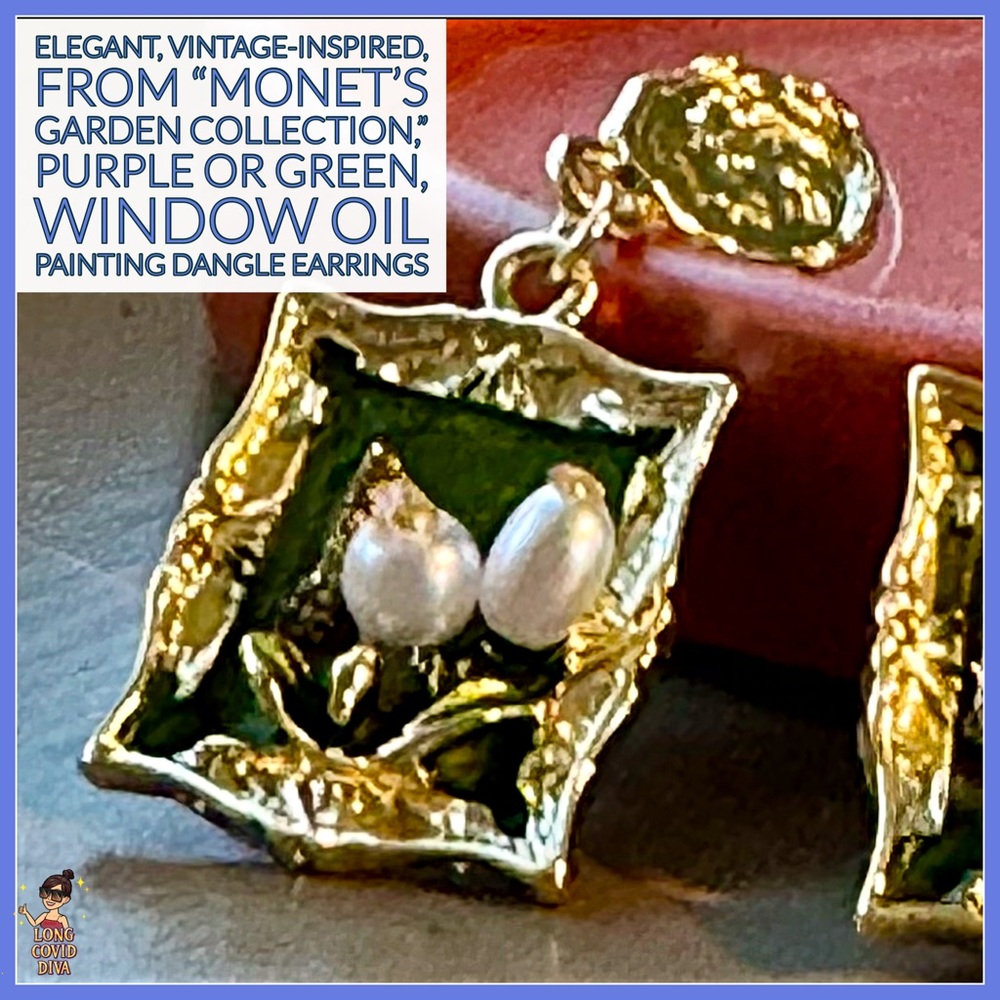 💜🖼️💚Monet's Garden Collection Green, Purple, & Gold-Plated, Dangle Earrings